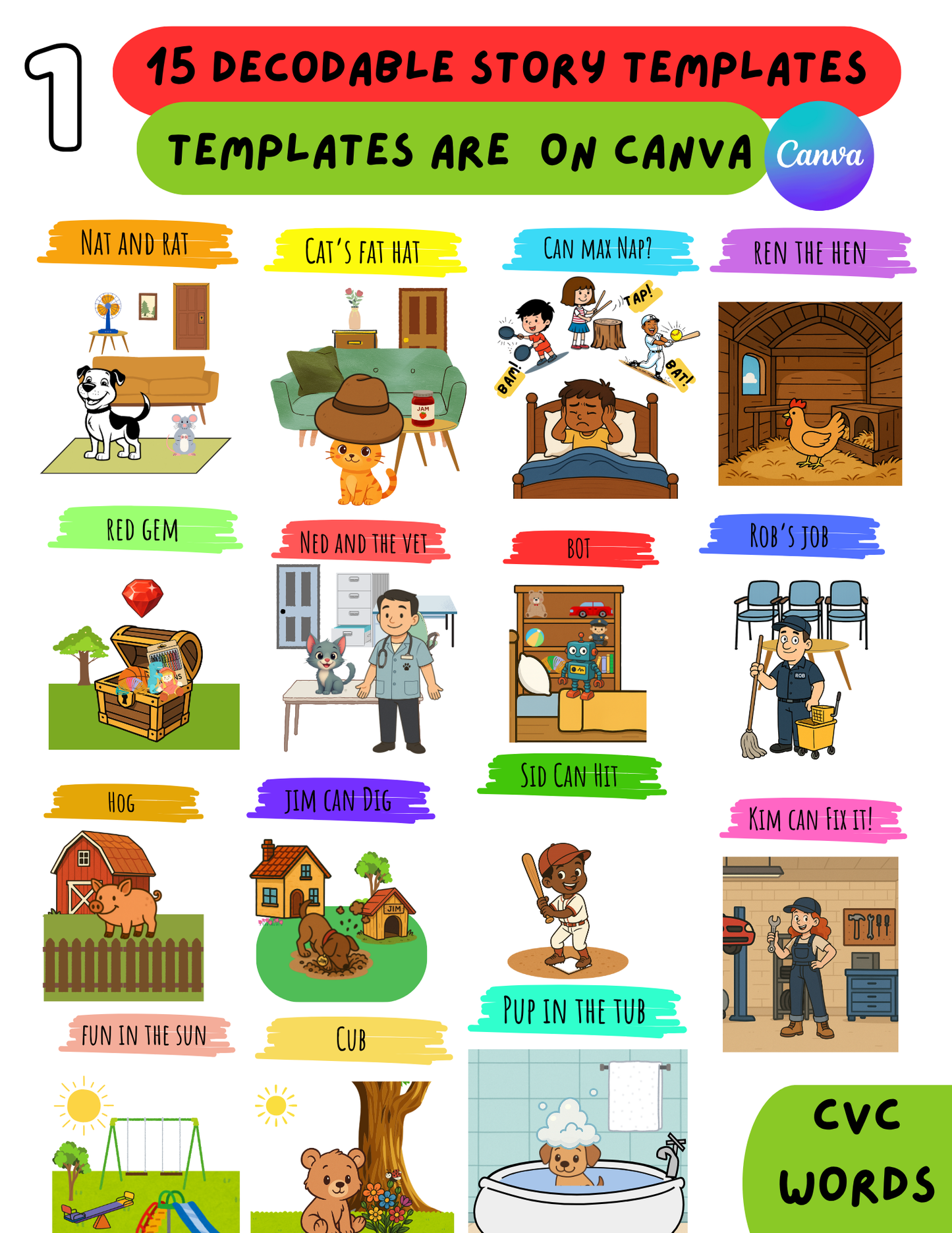 Fun Decodable CVC Story Templates (Edit Images)