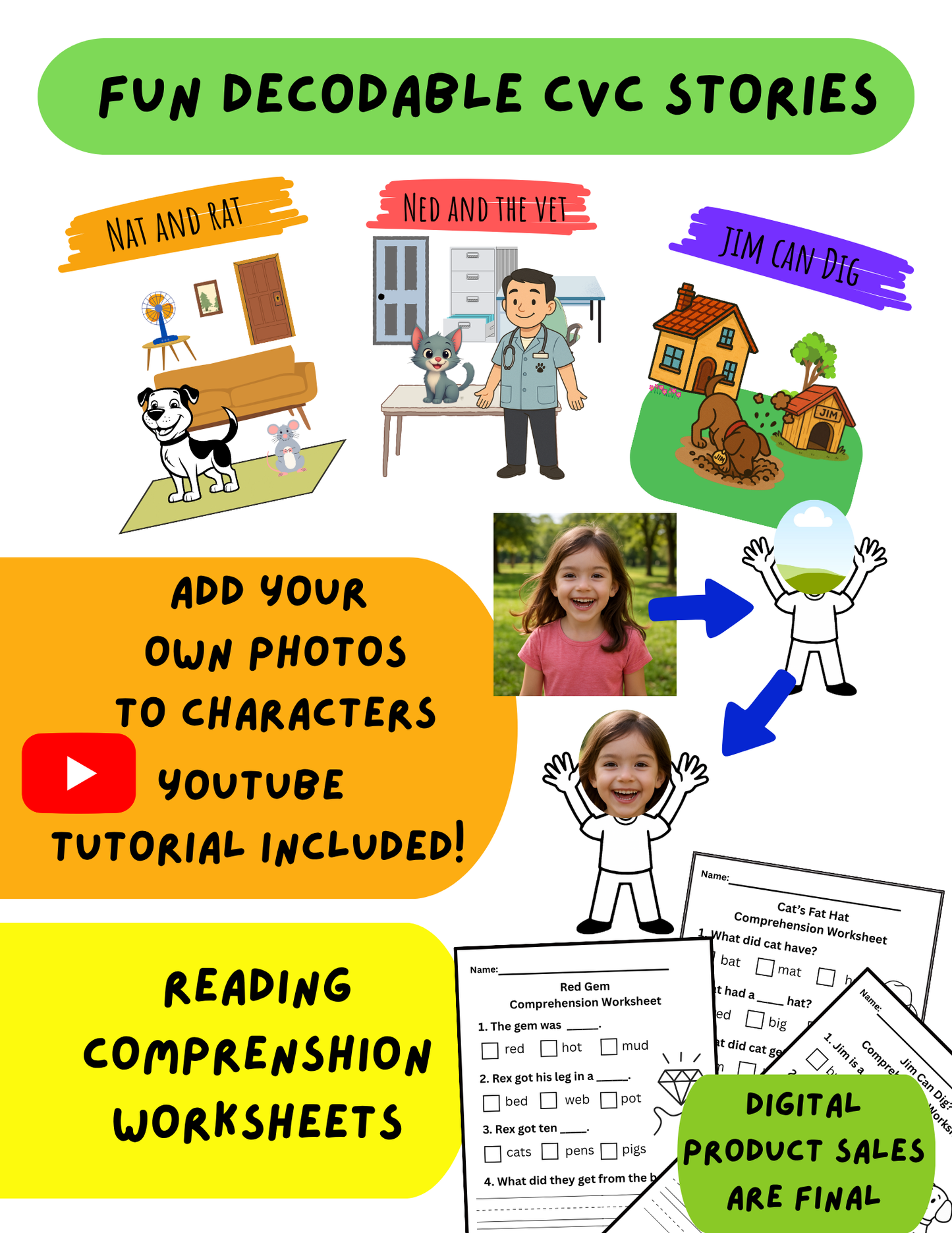 Fun Decodable CVC Story Templates (Edit Images)